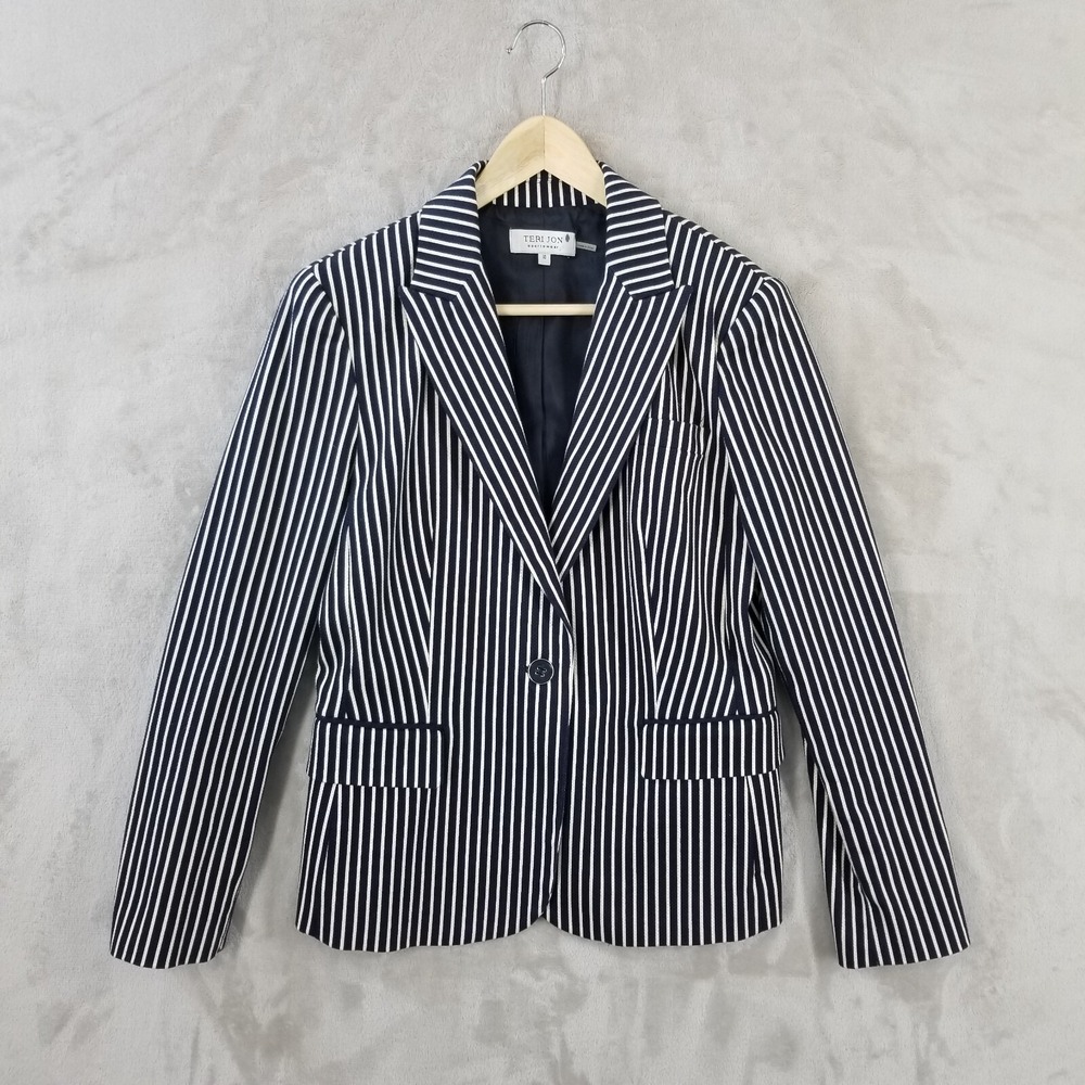 Teri Jon Jacket Women 10 Navy Striped Cotton Lined Blazer Academia Nautical